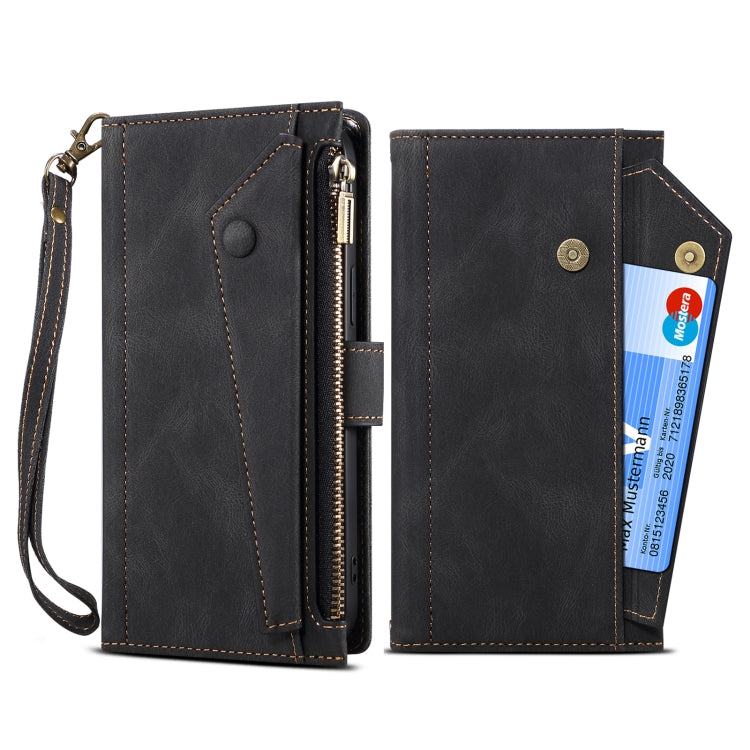 Black leather flip phone case showing open card holder and zipper closure detail.