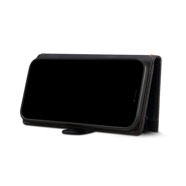Black leather flip phone case with flip cover closed and stitched edge trim.