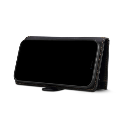 Black leather flip phone case with flip cover closed and stitched edge trim.