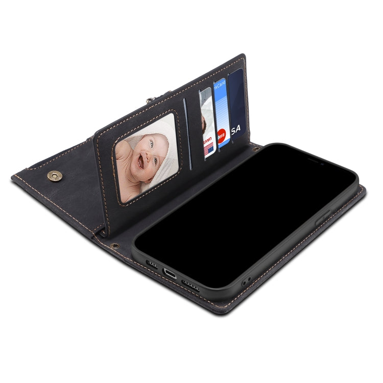 Black leather flip phone case opened with photo card window and phone screen cutout.