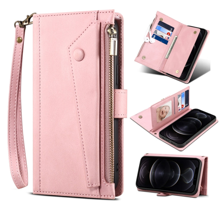Horizontal flip phone wallet case with wrist strap, pink faux leather