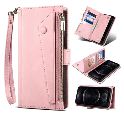 Horizontal flip phone wallet case with wrist strap, pink faux leather
