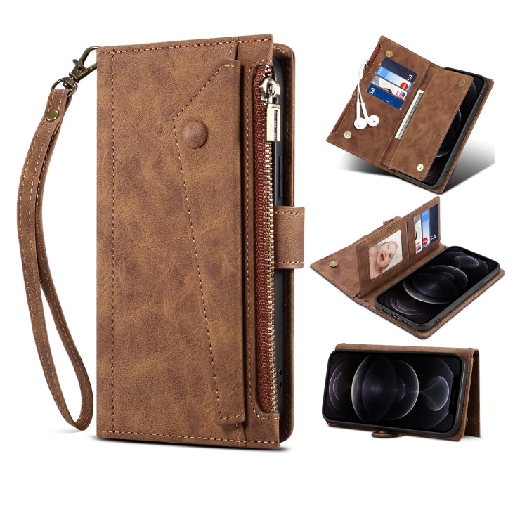 Brown leather flip phone case with wrist strap and card slot on inner flap.