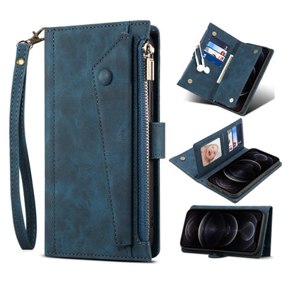 Horizontal flip phone wallet case with wrist strap, blue faux leather with card window