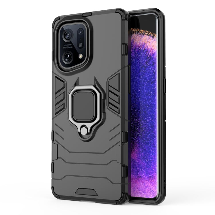 Black shockproof phone case with raised camera guards and magnetic ring holder