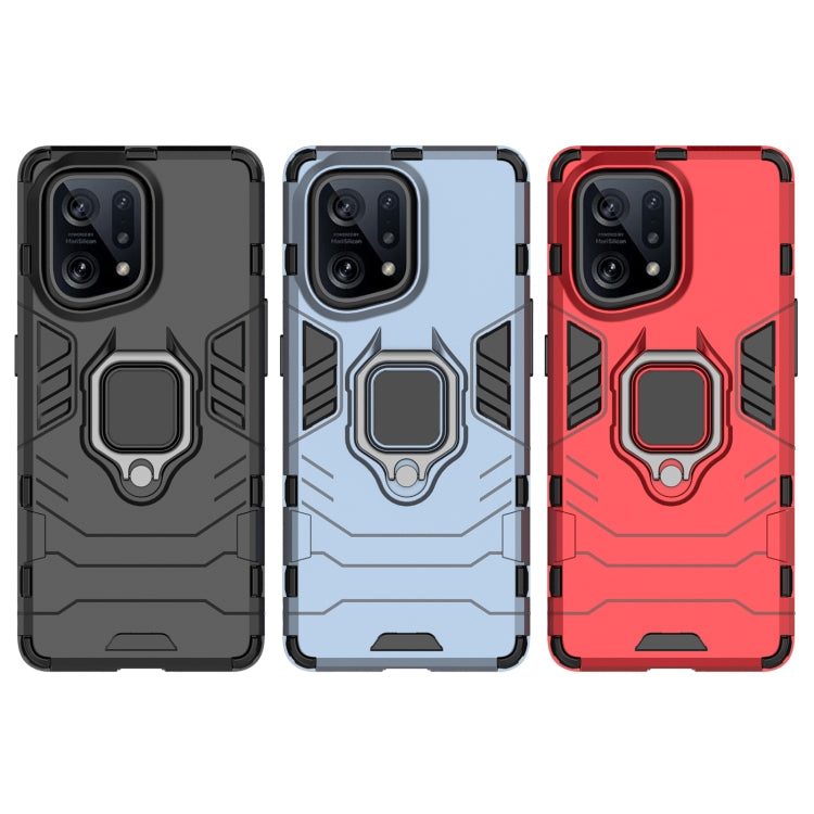 Rugged phone case in black, light blue, and red with magnetic ring holder