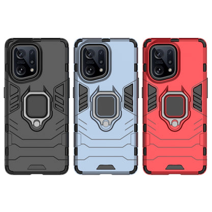 Rugged phone case in black, light blue, and red with magnetic ring holder
