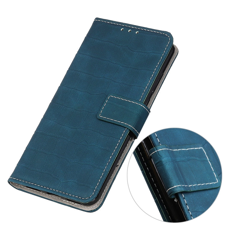 Crocodile-texture leather flip phone case, teal blue, side view with magnetic strap