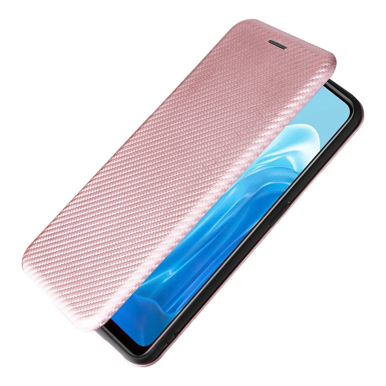 Pink carbon fiber texture magnetic flip phone case, front cover closed
