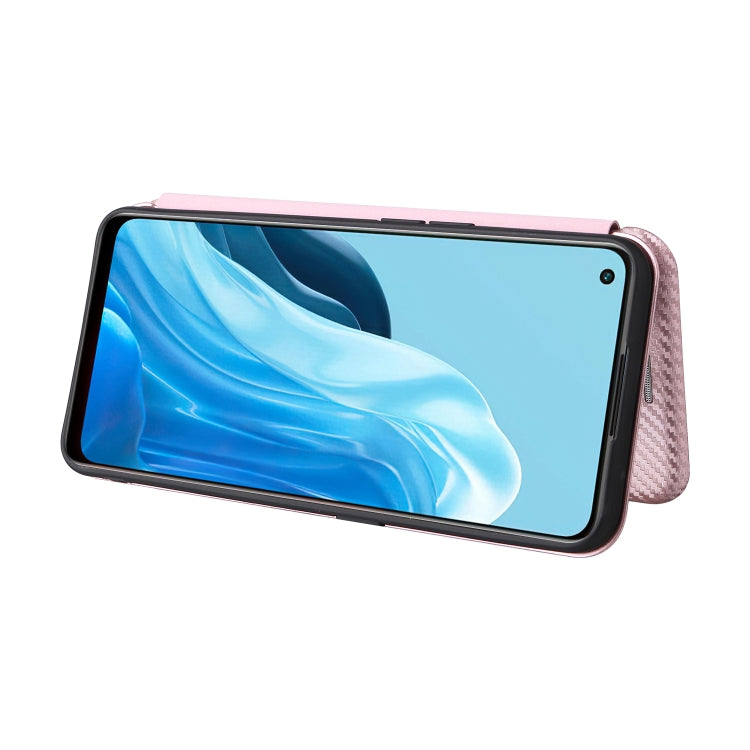 Pink carbon fiber texture phone case with flip cover partially open for viewing