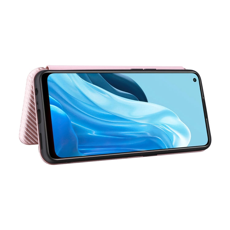 Pink carbon fiber texture phone case with flip cover open, phone screen visible