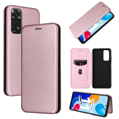 Pink carbon fiber texture magnetic leather phone case, front/back and accessory views