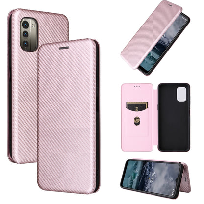 Pink carbon fiber texture magnetic leather phone case, multiple angles and flip cover
