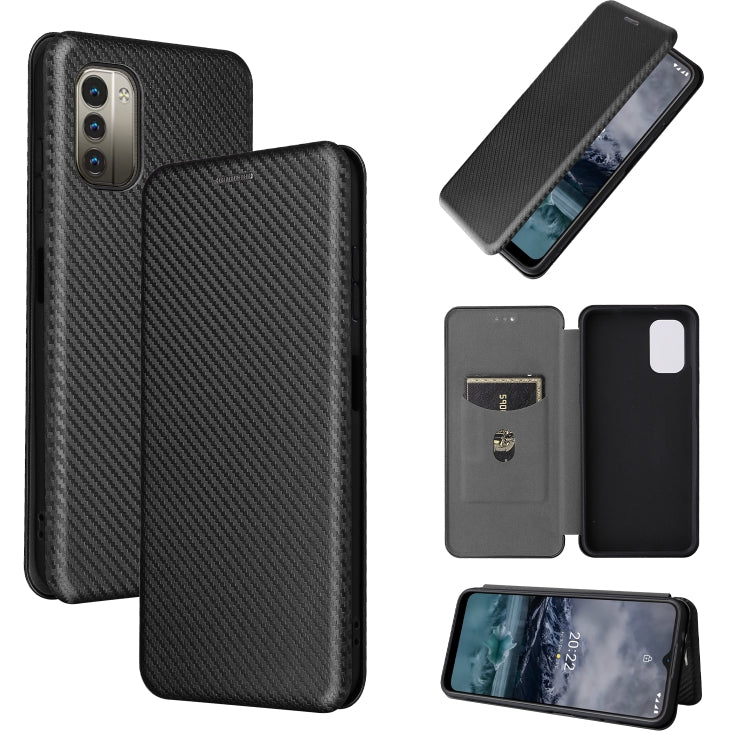 Magnetic phone case with carbon fiber texture, dark black finish and camera cutouts