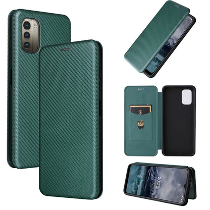 Green carbon-fiber textured magnetic leather phone case with card slot and flap