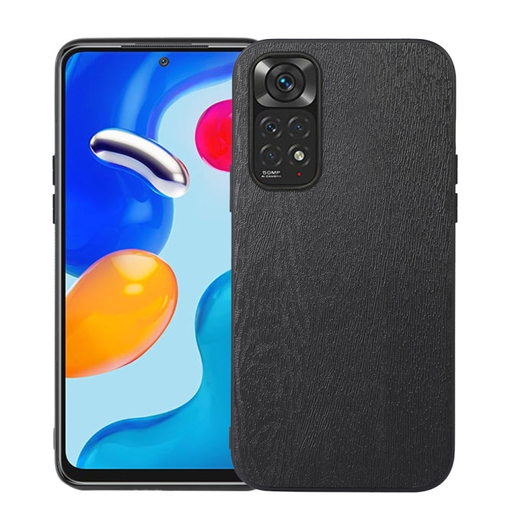 Black wood-texture PU phone case with camera module opening and flash window