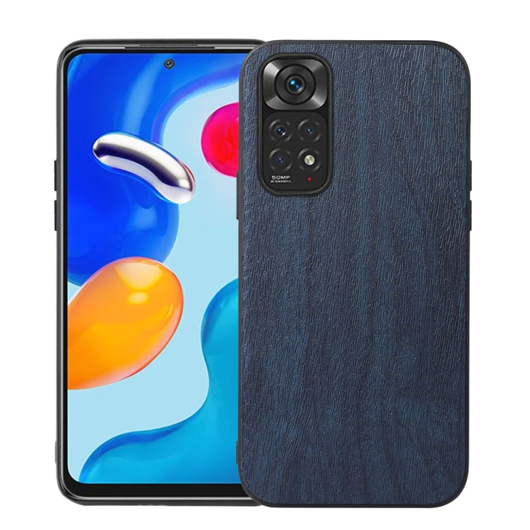 Blue wood-texture PU phone case with camera cutout and slim side openings