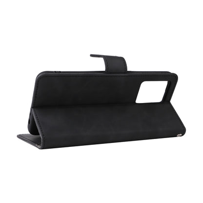 Black leather-style folio phone case folded into landscape stand with camera cutout