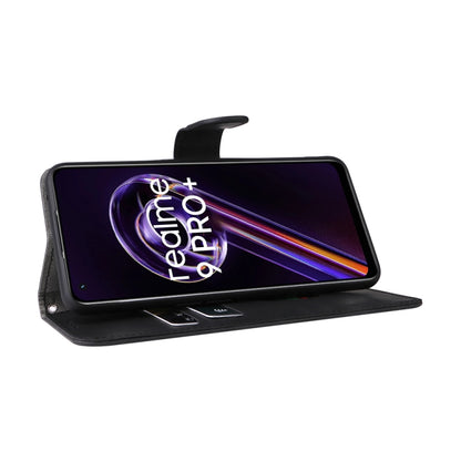 Black folio phone case in landscape view with kickstand and front display window