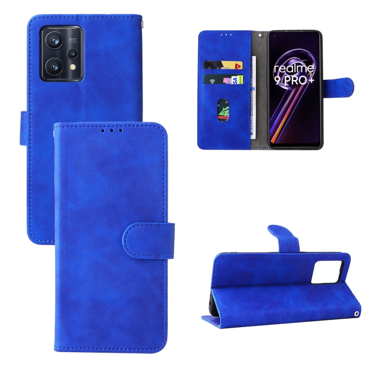 Blue folio leather phone case with magnetic closure, card slot, and stand view