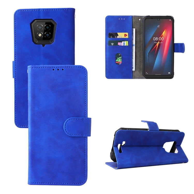 Blue leather phone case with magnetic closure and card slot, shown open and folded