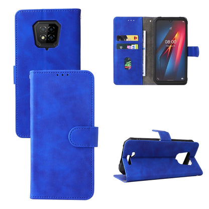 Blue leather phone case with magnetic closure and card slot, shown open and folded