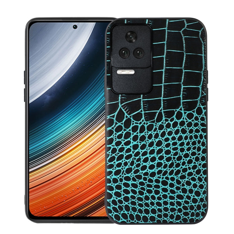 Crocodile-pattern cowhide leather phone case, teal with raised grid texture