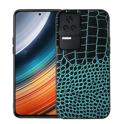 Crocodile-pattern cowhide leather phone case, teal with raised grid texture