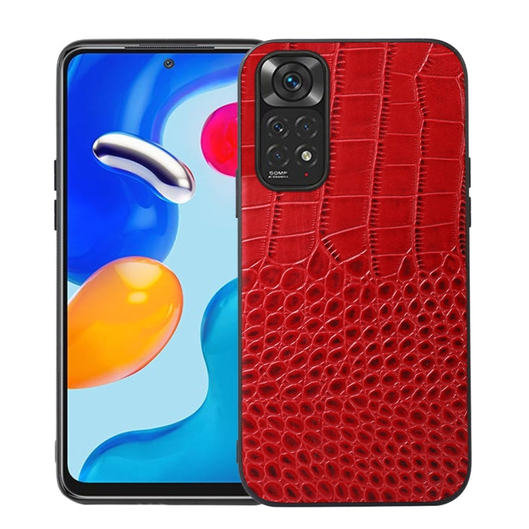 Red crocodile-pattern leather phone case with camera cutout, shown next to phone