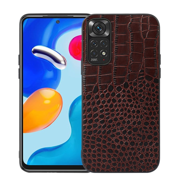 Crocodile-pattern cowhide leather phone case, dark brown with camera cutout area