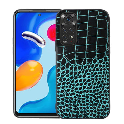Crocodile-pattern cowhide leather phone case, teal, with camera openings