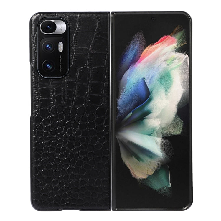 Black crocodile-pattern leather phone case, back and front view with camera cutouts
