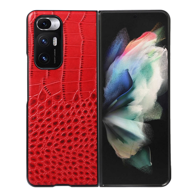 Red crocodile-embossed leather phone case with camera cutouts, back and front view