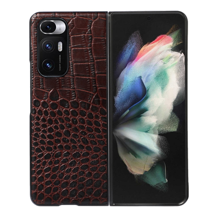 Crocodile-pattern cowhide leather phone case, dark brown, with camera cutouts