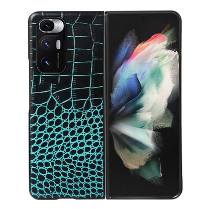 Crocodile-pattern cowhide leather phone case, teal grid texture, camera/flash cutouts