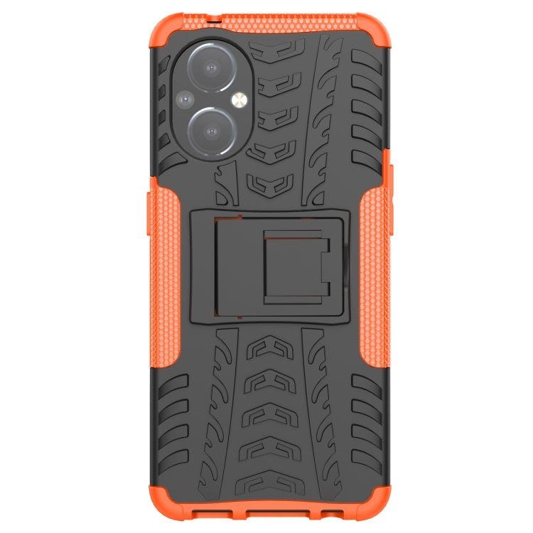 Black and orange shockproof phone case with tire tread texture and holder
