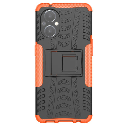 Black and orange shockproof phone case with tire tread texture and holder