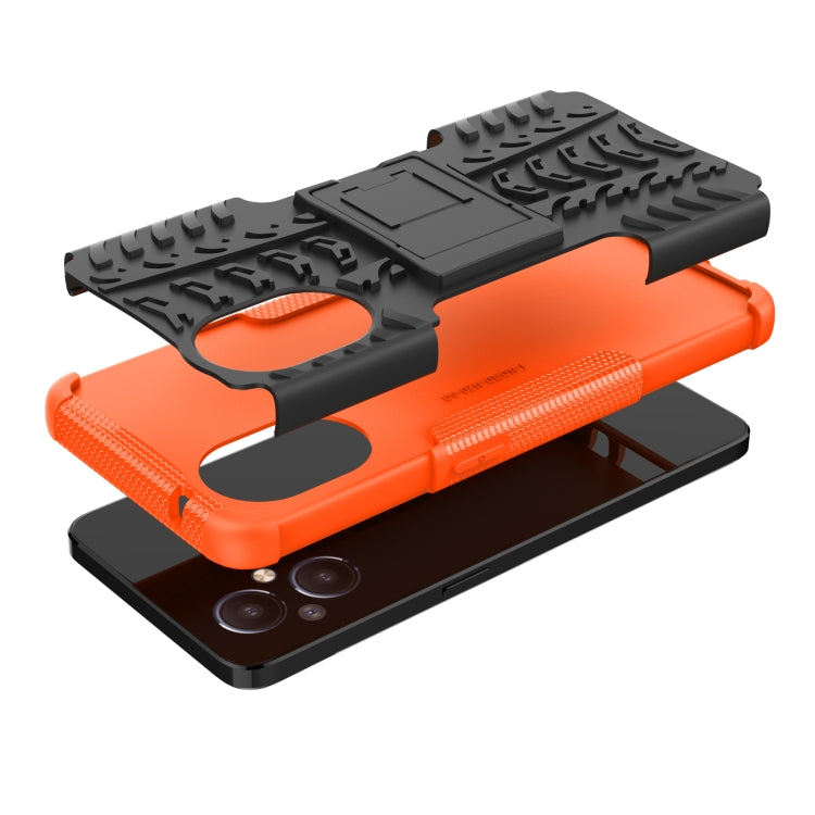 Orange and black shockproof phone case with kickstand holder and tire texture
