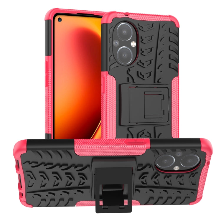 Pink and black shockproof phone case with tire tread texture and built-in holder