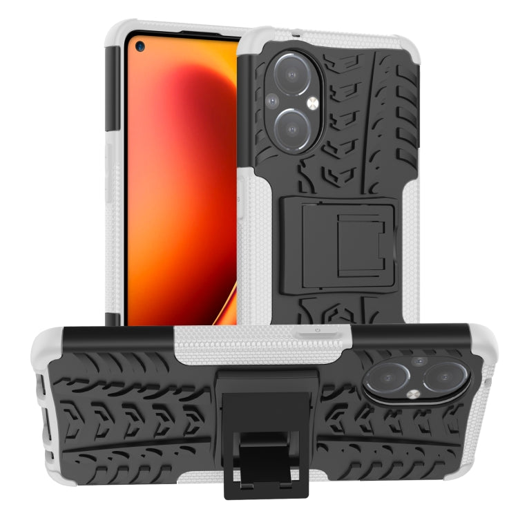 White and black shockproof phone case with tire tread texture and built-in holder