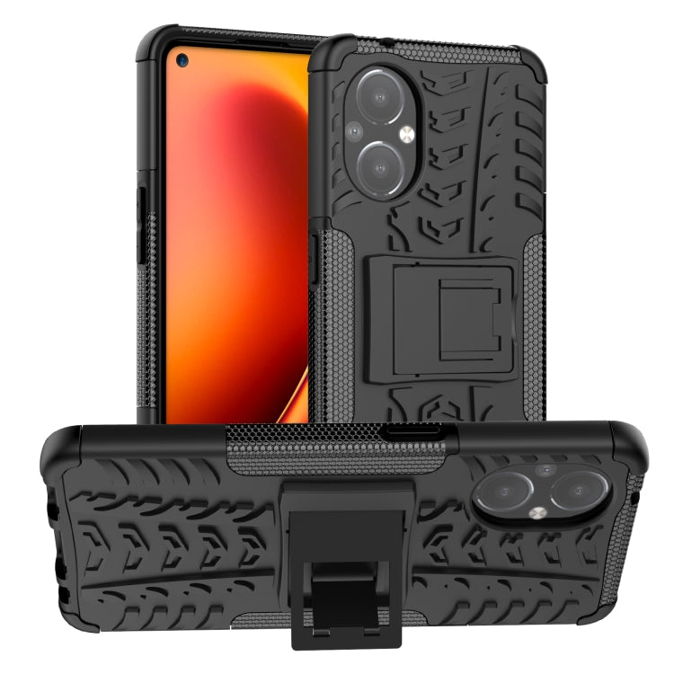 Black shockproof phone case with tire tread texture and built-in holder