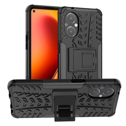 Black shockproof phone case with tire tread texture and built-in holder