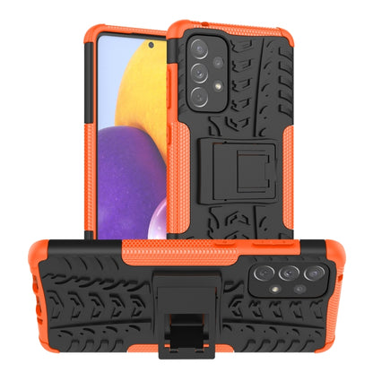 Shockproof phone case with tire-texture grip, orange bumper, built-in holder