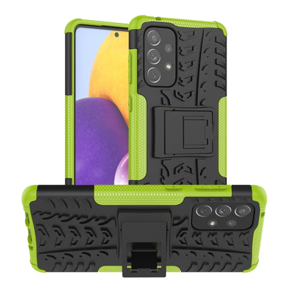 Shockproof phone case with tire-texture grip, green bumper, built-in holder