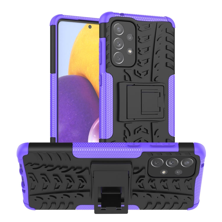 Shockproof phone case with tire-texture grip, purple bumper, built-in holder
