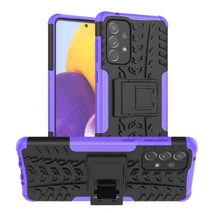 Shockproof phone case with tire-texture grip, purple bumper, built-in holder
