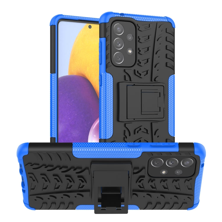 Shockproof phone case with tire-texture grip, light blue bumper, built-in holder