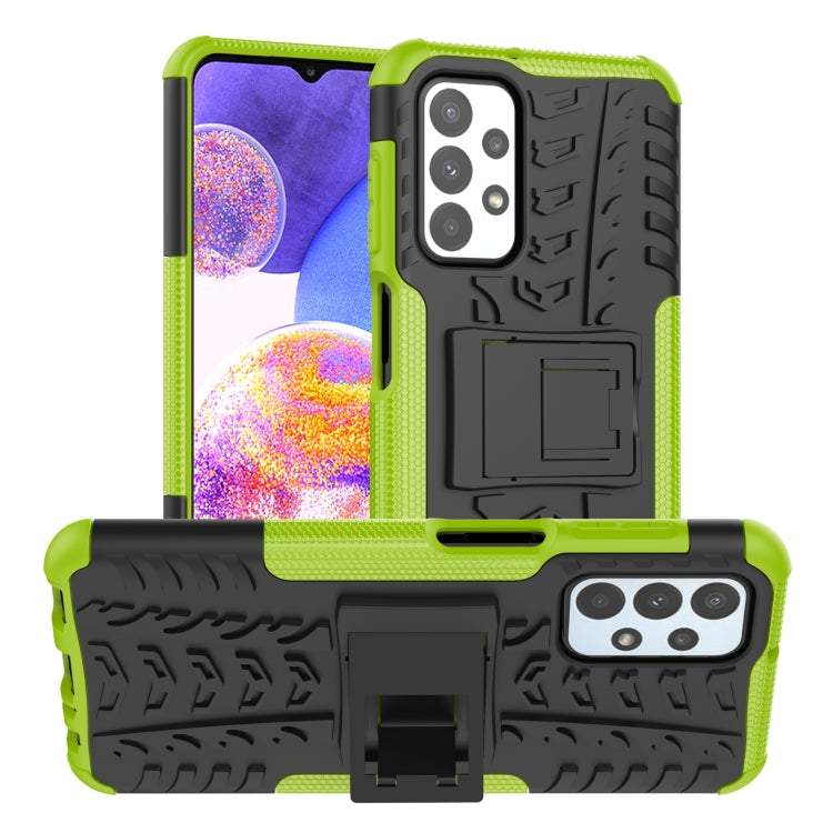 Green and black shockproof phone case with textured grip, camera cutouts, and holder stand