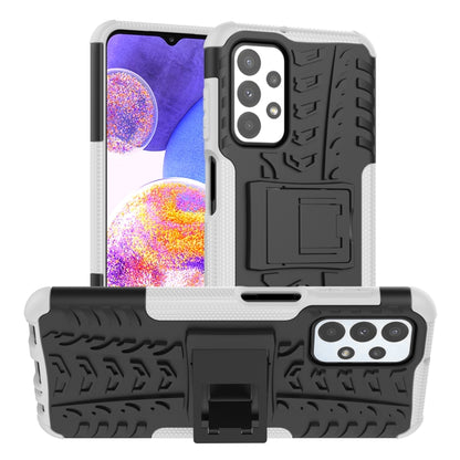White and black shockproof phone case with textured grip, camera cutouts, and holder stand