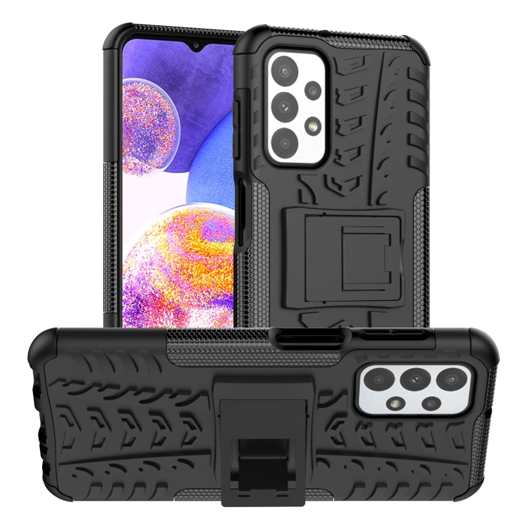 Black shockproof phone case with textured grip, camera cutouts, and holder stand